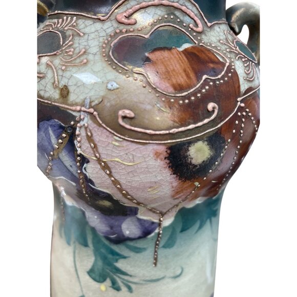 Art Nouveau Amphora style vtg floral beaded teplitz 11 vase SKU 9813